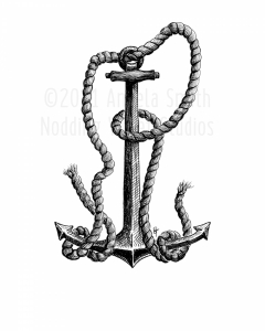 Fouled by Angela Smith, Nodding Violet Studios - A pen and ink drawing of an anchor tangled with rope.