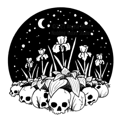 Bone Garden by Angela Smith, Nodding Violet Studios - a black and white ink drawing of a garden bed of irises bordered by skulls. Behind is a black sphere of starry sky with crescent moon.