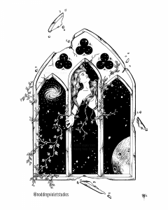 Catalyst by Angela Smith, Nodding Violet Studios - a black and white pen and ink illustration of a gothic stone arch window, with 3 arches and 3 tri-circle tracery opening. Through the portals are visible, stars, a distant galaxy, the constellation Scorpio, Pluto and its moons, and a woman clothed only in her floating hair, which grows into ivy vines that strangle and crumble the structure. She is either holding on, or pushing off into the aether.