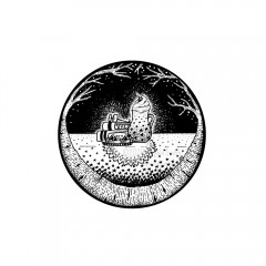 December Portal by Angela Smith, Nodding Violet Studios - A black and white ink drawing. Birch branches wreath a circular portal through which is seen a stack of winter-themed books and reading glasses, a plate of cookies, and a starry mug of hot chocolate piled high with whipped cream and a cherry before a wintry night sky. These treats sit atop a lace doily on an even more starry table cloth.