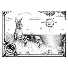Divine Picnic by Angela Smith, Nodding Violet Studios - A black and white ink drawing. A horizontal rectangular frame encases the scene of a rabbit, crowned, sitting up among a hillside of clover and dandelions. On a stump before her is a full goblet, and a cake. Puffy clouds float over an ocean, with a single tiny sailing ship on the horizon. The frame is inset with jewels, and a smaller corner frame with a scene of night-blooming morning glories under stars and a crescent moon. A compass-like sun pendant hangs from a corner of the frame, as if it is the sun within the scene. A few dandelions and clover escape the frame at the corners.