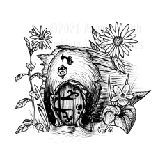 Fairy Door by Angela Smith, Nodding Violet Studios - A pen and ink drawing of an ornate-hinged fairy door set into the end of a stump, surrounded by black eyed susans and a violet.