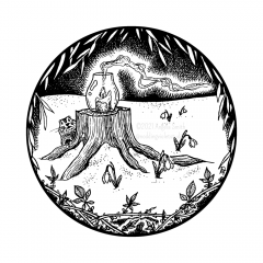 February Portal by Angela Smith, Nodding Violet Studios - A black and white ink drawing. Within a circle, willow branches and bare blackberry canes form a frame, through which is seen a pillar candle in hurricane glass sitting atop a stump. At its feet, snowdrops peek through a blanket of snow, and from behind, a groundhog peeks.