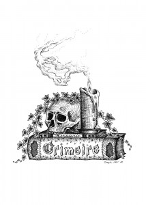 Grimoire by Angela Smith, Nodding Violet Studios - A black and white ink drawing.  A jawless skull and melting lit candle sit atop a slim herbiary and a thick bound grimoire. Ivy drapes over all.