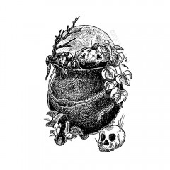 Hallowe'en Cauldron by Angela Smith, Nodding Violet Studios - A black and white ink drawing. A cast iron clawfoot cauldron overflows with elements of All Hallow's Eve: a snake nestles alongside a wide-smiled vining jack-o-lantern and reaching black branch, with a full moon rising behind.  At the cauldron's feet, sprigs of yarrow grow, and a jawless skull waits patiently.