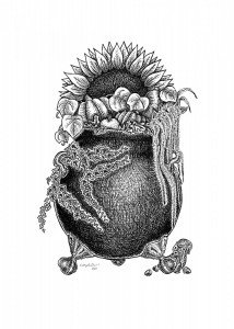 Harvest Cauldron by Angela Smith, Nodding Violet Studios - A black and white ink drawing. A cast iron claw-foot cauldron overflows with autumnal flora: ivy, love-lies-bleeding, pumpkin, apples, acorn and butternut squashes. A large sunflower rises like a sun behind. A squirrel peeks around one foot with scattered acorns.