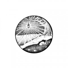 January Portal by Angela Smith, Nodding Violet Studios - A black and white ink drawing. A circular portal frames a winter scene. A lantern hangs from a leafless tree, casting sharp rays of enchanted light on a snow-blanketed land. Beneath the snow, in a cross-section of the earth, is seen a hibernating bunny, curled up in its den, and stones buried nearby.