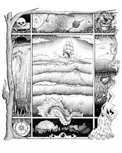 Lore by Angela Smith, Nodding Violet Studios - A black and white ink drawing. A panel of nine portals, framed by a reaching leafless tree, and a camp fire with curling smoke. The large rectangular central portal features a nautical scene, of a clipper cresting chaotic waves above the shadow of a looming whale, and a breaching tentacle, escaping the frame. Surrounding are smaller portals, clockwise from top left: a skull rests on its cushion; a cluster of planets float in space; an herbalist's shelf with mortar, herbs and potion; a bucolic hillside beneath which is a bunny sleeping in its warren, and roots reaching toward long buried treasures; a campfire obscures the corner; a high door in the wall of a deep cave casts light far into the hollow darkness; a celestial clock shows high tea time; and a mermaid emerges from seaweed depths to reach for the starry surface.