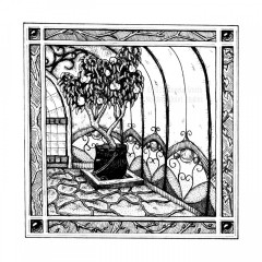 Peach Witch by Angela Smith, Nodding Violet Studios - A black and white ink drawing. A square frame, inset with jewels and panels depicting branches in different stages of growth, frames a scene of a greenhouse interior. A small fruiting peach tree grows from a large cauldron set in the corner of a flagstone floor. Behind it soars the wall of curving glass panels, with stained glass decoration at the bottom. Just visible is the mullion-paned  door in its arched frame.