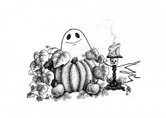 Spook Friend by Angela Smith, Nodding Violet Studios - A black and white ink drawing of a smiling ghostie peeking from behind a vining pumpkin and a couple of apples. Next to him is a candle stick with a skull and burning candle.