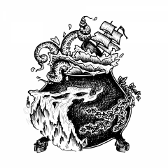 The Story Witch's Cauldron by Angela Smith, Nodding Violet Studios - A black and white ink drawing of a hoof-footed cauldron surrounded by ivy and flame. From its rim splashes the tentacles of a sea monster, one of which wraps around the bowsprit of a tall ship cresting a dangerous wave.