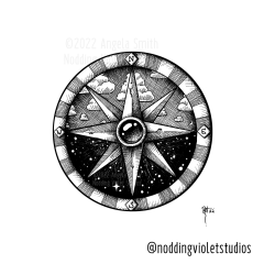 True Node by Angela Smith, Nodding Violet Studios - a black and white pen and ink illustration of a circular compass rose. Black and white bands representing degree markings encircle  an eight-pointed center star that appears made of stone, with a round shining jewel at its center. In the upper field of the circle, clouds float in the sky. In the lower field, stars twinkle in  the darkness.
