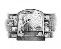 Wizard's Nook by Angela Smith, Nodding Violet Studios - A black and white ink drawing.  A wizard is curled up with a book in a mullioned window seat, lit by an orb of werelight.  Her feet rest against a stack of books, on top of which sits a slice of cake on a plate, missing one bite.  A pothos vine curls from a wall vase to arch the window seat. On the steps up to her seat are more books, a starry mug, and a large pillar candle on a tray with crystal points.  Her staff, tipped with another crystal points, leans against one of the pair of bookshelves that flank her nook. These shelves are crowded with tomes and instruments, taxidermy, potion bottles, bones and a small locked chest.