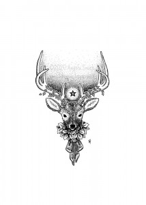 Yule Stag by Angela Smith, Nodding Violet Studios - A black and white ink drawing. A bust portrait of a six-point red deer, collared in a wreath of holly tied with a satin bow.  Ivy coils up his antlers, and a single star shines above his brow like a horned god.