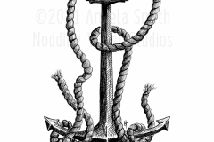 Fouled by Angela Smith, Nodding Violet Studios - A pen and ink drawing of an anchor tangled with rope.