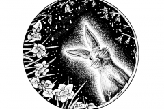 April Portal by Angela Smith, Nodding Violet Studios - A black and white ink drawing. Within a circle, a bunny peeks from amidst daffodils and budding forsythia branches. Raindrops fall against a dark, starry sky.
