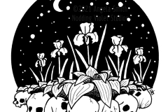 Bone Garden by Angela Smith, Nodding Violet Studios - a black and white ink drawing of a garden bed of irises bordered by skulls. Behind is a black sphere of starry sky with crescent moon.