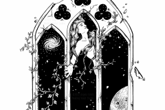 Catalyst by Angela Smith, Nodding Violet Studios - a black and white pen and ink illustration of a gothic stone arch window, with 3 arches and 3 tri-circle tracery opening. Through the portals are visible, stars, a distant galaxy, the constellation Scorpio, Pluto and its moons, and a woman clothed only in her floating hair, which grows into ivy vines that strangle and crumble the structure. She is either holding on, or pushing off into the aether.