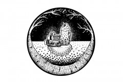 December Portal by Angela Smith, Nodding Violet Studios - A black and white ink drawing. Birch branches wreath a circular portal through which is seen a stack of winter-themed books and reading glasses, a plate of cookies, and a starry mug of hot chocolate piled high with whipped cream and a cherry before a wintry night sky. These treats sit atop a lace doily on an even more starry table cloth.