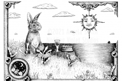 Divine Picnic by Angela Smith, Nodding Violet Studios - A black and white ink drawing. A horizontal rectangular frame encases the scene of a rabbit, crowned, sitting up among a hillside of clover and dandelions. On a stump before her is a full goblet, and a cake. Puffy clouds float over an ocean, with a single tiny sailing ship on the horizon. The frame is inset with jewels, and a smaller corner frame with a scene of night-blooming morning glories under stars and a crescent moon. A compass-like sun pendant hangs from a corner of the frame, as if it is the sun within the scene. A few dandelions and clover escape the frame at the corners.