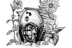 Fairy Door by Angela Smith, Nodding Violet Studios - A pen and ink drawing of an ornate-hinged fairy door set into the end of a stump, surrounded by black eyed susans and a violet.