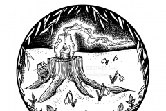 February Portal by Angela Smith, Nodding Violet Studios - A black and white ink drawing. Within a circle, willow branches and bare blackberry canes form a frame, through which is seen a pillar candle in hurricane glass sitting atop a stump. At its feet, snowdrops peek through a blanket of snow, and from behind, a groundhog peeks.
