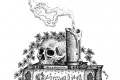 Grimoire by Angela Smith, Nodding Violet Studios - A black and white ink drawing.  A jawless skull and melting lit candle sit atop a slim herbiary and a thick bound grimoire. Ivy drapes over all.