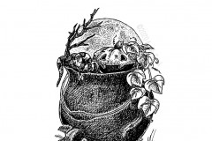 Hallowe'en Cauldron by Angela Smith, Nodding Violet Studios - A black and white ink drawing. A cast iron clawfoot cauldron overflows with elements of All Hallow's Eve: a snake nestles alongside a wide-smiled vining jack-o-lantern and reaching black branch, with a full moon rising behind.  At the cauldron's feet, sprigs of yarrow grow, and a jawless skull waits patiently.