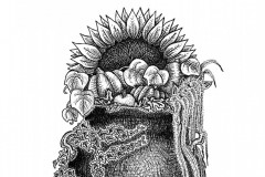 Harvest Cauldron by Angela Smith, Nodding Violet Studios - A black and white ink drawing. A cast iron claw-foot cauldron overflows with autumnal flora: ivy, love-lies-bleeding, pumpkin, apples, acorn and butternut squashes. A large sunflower rises like a sun behind. A squirrel peeks around one foot with scattered acorns.