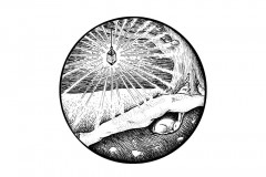 January Portal by Angela Smith, Nodding Violet Studios - A black and white ink drawing. A circular portal frames a winter scene. A lantern hangs from a leafless tree, casting sharp rays of enchanted light on a snow-blanketed land. Beneath the snow, in a cross-section of the earth, is seen a hibernating bunny, curled up in its den, and stones buried nearby.