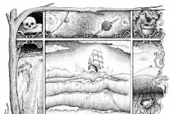 Lore by Angela Smith, Nodding Violet Studios - A black and white ink drawing. A panel of nine portals, framed by a reaching leafless tree, and a camp fire with curling smoke. The large rectangular central portal features a nautical scene, of a clipper cresting chaotic waves above the shadow of a looming whale, and a breaching tentacle, escaping the frame. Surrounding are smaller portals, clockwise from top left: a skull rests on its cushion; a cluster of planets float in space; an herbalist's shelf with mortar, herbs and potion; a bucolic hillside beneath which is a bunny sleeping in its warren, and roots reaching toward long buried treasures; a campfire obscures the corner; a high door in the wall of a deep cave casts light far into the hollow darkness; a celestial clock shows high tea time; and a mermaid emerges from seaweed depths to reach for the starry surface.
