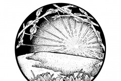 March Portal by Angela Smith, Nodding Violet Studios - A black and white ink drawing. Within a circle, new crocuses and reaching pussy willow branches in bud frame a thawing hillside and dawning sun.