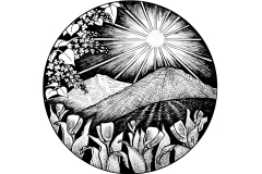 May Portal by Angela Smith, Nodding Violet Studios - A black and white ink drawing . Within a cirlce, tulips and lilacs frame mountains a sun rising behind receding mountains.