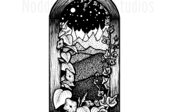 Moonflower Dreamscape by Angela Smith, Nodding Violet Studios - a black and white pen and ink illustration of an oblong arched wood window frame, wreathed in vining ivy and moonflowers, opening onto an otherworldly vista of dark rolling hills and mountain spires,  and a starry full-moon-lit night sky.