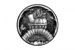 November Portal by Angela Smith, Nodding Violet Studios - A black and white ink drawing. Oak branches and leaves wreath a circular portal through which is seen a wood-slat bushel basket, containing butternut squash, pumpkin, and corn. In front, a sunflower and leafy apple peek from the center bottom of the portal.