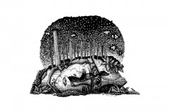 Old Wayes by Angela Smith, Nodding Violet Studios - A black and white ink drawing. The massive head of an ancient stone statue lies on a forest floor, with ferns and tree roots inching possessively over it. The crumbling statue appears to be of a helmed warrior queen.