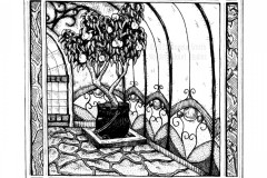 Peach Witch by Angela Smith, Nodding Violet Studios - A black and white ink drawing. A square frame, inset with jewels and panels depicting branches in different stages of growth, frames a scene of a greenhouse interior. A small fruiting peach tree grows from a large cauldron set in the corner of a flagstone floor. Behind it soars the wall of curving glass panels, with stained glass decoration at the bottom. Just visible is the mullion-paned  door in its arched frame.
