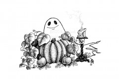 Spook Friend by Angela Smith, Nodding Violet Studios - A black and white ink drawing of a smiling ghostie peeking from behind a vining pumpkin and a couple of apples. Next to him is a candle stick with a skull and burning candle.