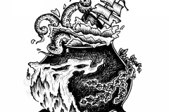 The Story Witch's Cauldron by Angela Smith, Nodding Violet Studios - A black and white ink drawing of a hoof-footed cauldron surrounded by ivy and flame. From its rim splashes the tentacles of a sea monster, one of which wraps around the bowsprit of a tall ship cresting a dangerous wave.