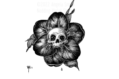 Sweet Tooth by Angela Smith, Nodding Violet Studios - a black and white pen and ink illustration of a jaw-less human skull, stars and the void of space visible through its eye sockets, a dark substance dripping from its chipped teeth. It's nestled in the center of a tulip, dark splayed petals radiating outward like a six-pointed star.