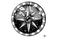 True Node by Angela Smith, Nodding Violet Studios - a black and white pen and ink illustration of a circular compass rose. Black and white bands representing degree markings encircle  an eight-pointed center star that appears made of stone, with a round shining jewel at its center. In the upper field of the circle, clouds float in the sky. In the lower field, stars twinkle in  the darkness.