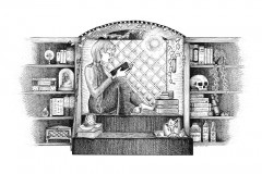 Wizard's Nook by Angela Smith, Nodding Violet Studios - A black and white ink drawing.  A wizard is curled up with a book in a mullioned window seat, lit by an orb of werelight.  Her feet rest against a stack of books, on top of which sits a slice of cake on a plate, missing one bite.  A pothos vine curls from a wall vase to arch the window seat. On the steps up to her seat are more books, a starry mug, and a large pillar candle on a tray with crystal points.  Her staff, tipped with another crystal points, leans against one of the pair of bookshelves that flank her nook. These shelves are crowded with tomes and instruments, taxidermy, potion bottles, bones and a small locked chest.