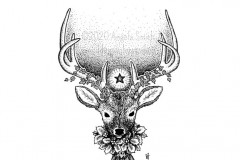 Yule Stag by Angela Smith, Nodding Violet Studios - A black and white ink drawing. A bust portrait of a six-point red deer, collared in a wreath of holly tied with a satin bow.  Ivy coils up his antlers, and a single star shines above his brow like a horned god.