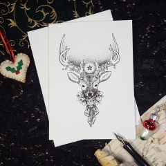 Yule Stag - 5x7 greeting blank greeting card will black and white ink pen illustration of a stag in bust portrait. Around its neck is a wreath of holly with bell and satin ribbon. Ivy trails up its antlers, between which shines a luminous five-pointed star.